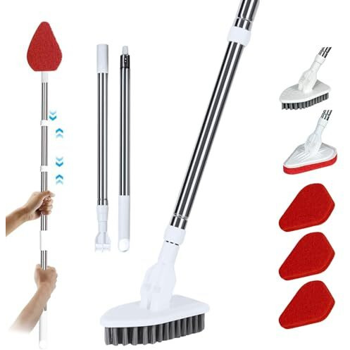 Brimdo Floor Cleaning Brush With Long Handle 46'' Extendable Pole, Detachable Head Scrub, 3 Sponge & 1 Hard Bristles Brush For Bathroom, Toilet, Bathtub, Tiles, Kitchen, Wall, Window & Glass, White