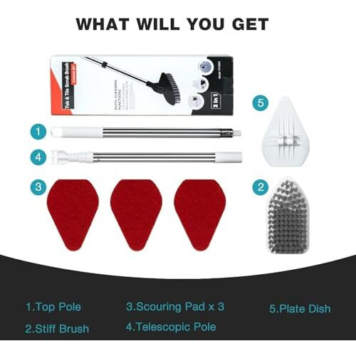 Brimdo Floor Cleaning Brush With Long Handle 46'' Extendable Pole, Detachable Head Scrub, 3 Sponge & 1 Hard Bristles Brush For Bathroom, Toilet, Bathtub, Tiles, Kitchen, Wall, Window & Glass, White