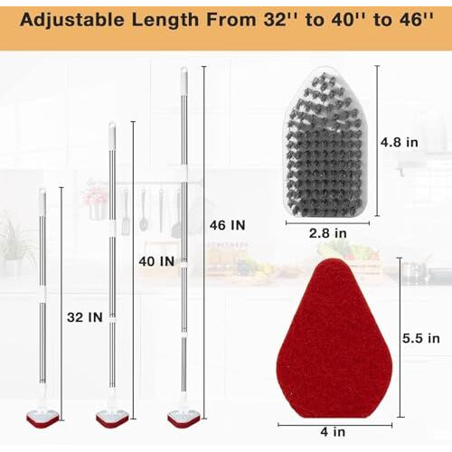 Brimdo Floor Cleaning Brush With Long Handle 46'' Extendable Pole, Detachable Head Scrub, 3 Sponge & 1 Hard Bristles Brush For Bathroom, Toilet, Bathtub, Tiles, Kitchen, Wall, Window & Glass, White