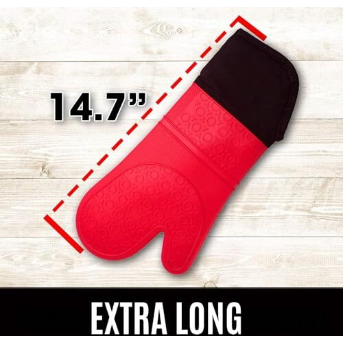 Karp Extra Long Heat Resistant Oven Gloves With Cotton Padding, Kitchen Mittens For Cooking, Baking, Grilling, Pair Of Durable Non-Slip Oven Mitts Waterproof, Bpa Free (Red)