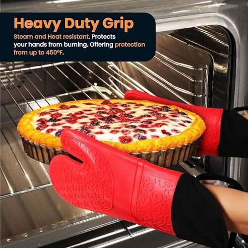 Karp Extra Long Heat Resistant Oven Gloves With Cotton Padding, Kitchen Mittens For Cooking, Baking, Grilling, Pair Of Durable Non-Slip Oven Mitts Waterproof, Bpa Free (Red)