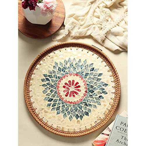 Habere India-All The Cultures Fabricating India Decorative Tray | Multipurpose Trays | Wooden Tray | Wooden Tray For Decoration | Rattan Round Serving Tray - Multi, Small (30X30X4 Cm)