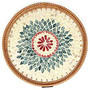 Habere India-All The Cultures Fabricating India Decorative Tray | Multipurpose Trays | Wooden Tray | Wooden Tray For Decoration | Rattan Round Serving Tray - Multi, Small (30X30X4 Cm)