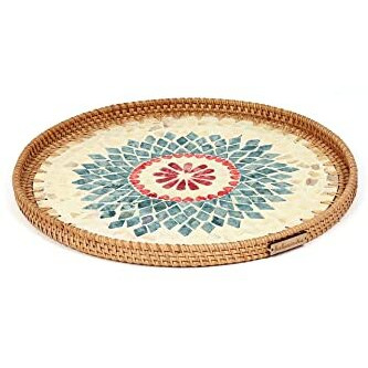 Habere India-All The Cultures Fabricating India Decorative Tray | Multipurpose Trays | Wooden Tray | Wooden Tray For Decoration | Rattan Round Serving Tray - Multi, Small (30X30X4 Cm)