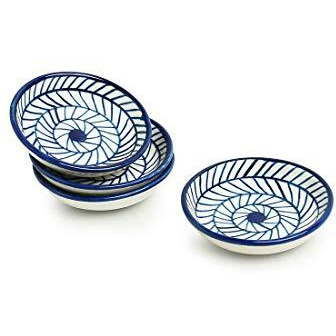 Exclusivelane Ceramic Indigo Chevron Handpainted Bowl Chutney Bowl - 25 Ml, Set Of 4, Indigo Blue And White