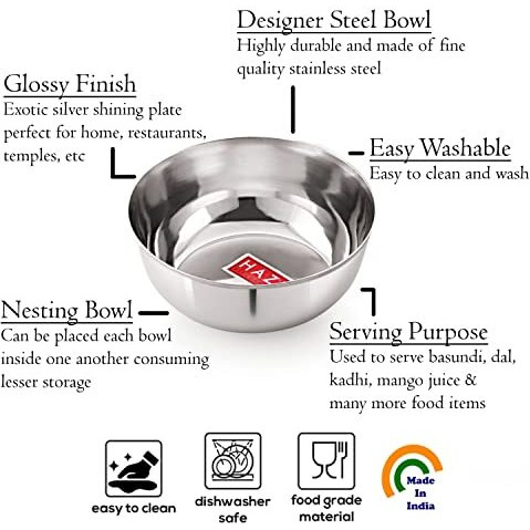 Hazel Stainless Steel Bowl Set Of 2 - Serving Bowls For Soup, Salad, Ramen, Cereal - 400 Ml Vati Set
