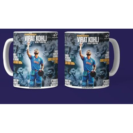 Thewhoop Printed Virat Kohli White Ceramic Coffee Mug (350Ml) With Wooden Key-Chain Pack Of 2 Gift For Virat Kohli Fans & Cricket Lovers (Virat - All Records)