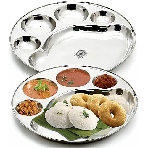Urban Kraft 5In1 Stainless Steel Plates With Compartments/Bhojan Thali/Round Sinduri Partition Plate Set Of 2 / Steel Plates For Lunch/Dinner - Extra Deep Mess Tray (Pack Of 2, Diameter 31Cm)