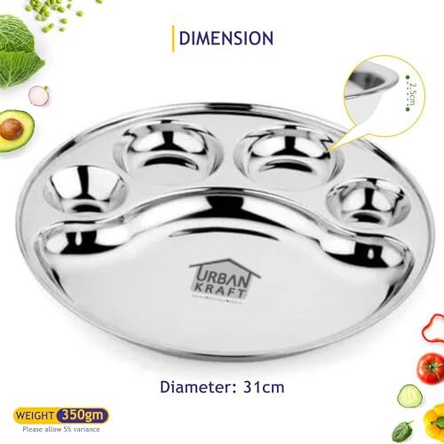 Urban Kraft 5In1 Stainless Steel Plates With Compartments/Bhojan Thali/Round Sinduri Partition Plate Set Of 2 / Steel Plates For Lunch/Dinner - Extra Deep Mess Tray (Pack Of 2, Diameter 31Cm)