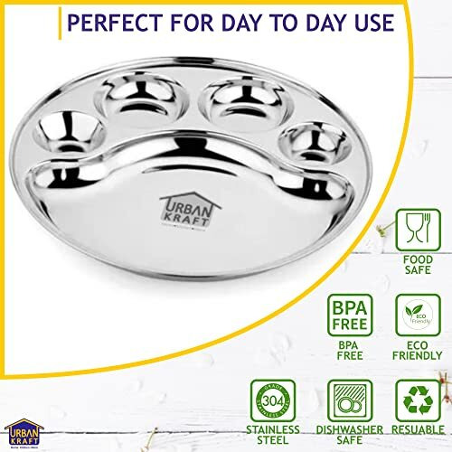 Urban Kraft 5In1 Stainless Steel Plates With Compartments/Bhojan Thali/Round Sinduri Partition Plate Set Of 2 / Steel Plates For Lunch/Dinner - Extra Deep Mess Tray (Pack Of 2, Diameter 31Cm)
