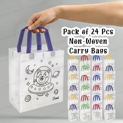 Funblast Reusable Hand Carry Canvas Bag - Diy Colouring, Kids Party Favor, Gift Bag For Birthday Return Gifts (24), Multicolor, Pack Of 24