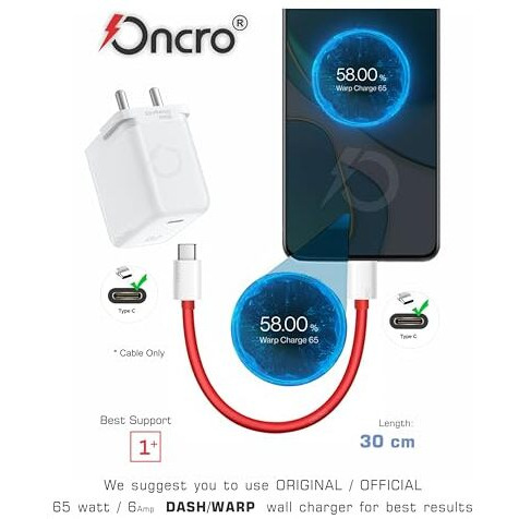 Oncro Usb Red Type C To Type C Warp Dash Data Cable 30W / 65W Short Power Bank Fast Charging Small I-Phone 15 Pro Max 15Plus Oneplus Nord Samsung Galaxy S23 S22 S21 Fe S20 M34 5G Fold Flip 3 4 5