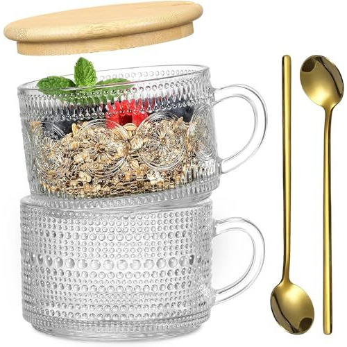 Kitome Vintage Coffee Mugs, Overnight Oats Containers With Handle, Bamboo Lids And Spoons- 14Oz Clear Embossed Glass Cups Ideal For Cappuccino, Latte, Cereal, Yogurt, Hot Or Cold Beverages- Pack Of 2