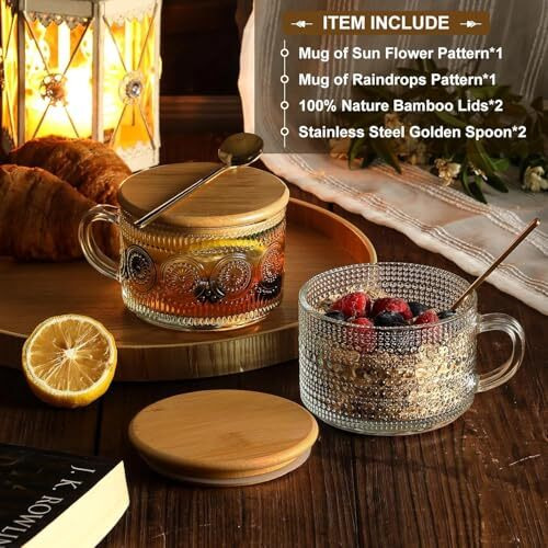 Kitome Vintage Coffee Mugs, Overnight Oats Containers With Handle, Bamboo Lids And Spoons- 14Oz Clear Embossed Glass Cups Ideal For Cappuccino, Latte, Cereal, Yogurt, Hot Or Cold Beverages- Pack Of 2