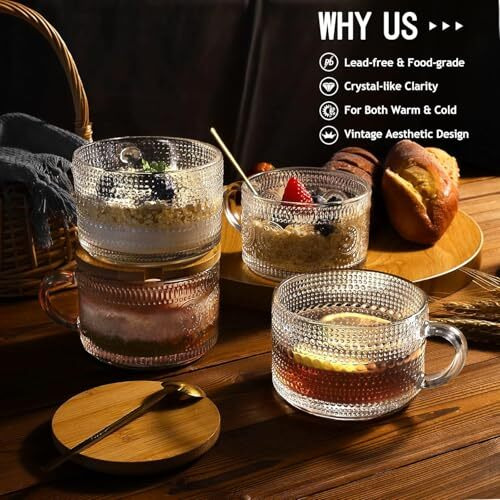 Kitome Vintage Coffee Mugs, Overnight Oats Containers With Handle, Bamboo Lids And Spoons- 14Oz Clear Embossed Glass Cups Ideal For Cappuccino, Latte, Cereal, Yogurt, Hot Or Cold Beverages- Pack Of 2