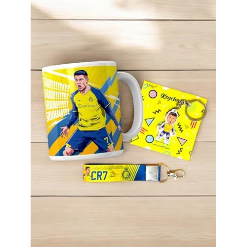 Since 7 Store Ceramic Cristiano Ronaldo Giftbox Includes Mug, Double Sided Keychain, Key-Tag - Gift For Cr7 Fans - The Ultimate Fan Collection, 350Ml, Multicolor