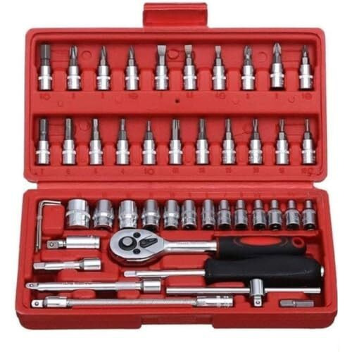 Abiel 46 In 1 Pcs Tool Kit, Screwdriver And Socket Box | Hand Tool Kit Wrench Set | Multi Purpose Combination Tool Case & Precision Socket Set | Bike & Car Tool Set Of All Type (Red)