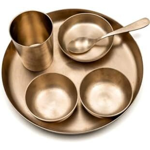 Bona Fide Kansa Thali Dinner Set | Bronze, 6 Pieces, Kansa Dinner Set,Heavy Gauge Matte Design,Thali Size 11 Inch(1800Gm),Kansa/Bronze Thali Set, 6-Piece,Matte Finish,Brass Dinner Set