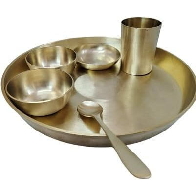 Bona Fide Kansa Thali Dinner Set | Bronze, 6 Pieces, Kansa Dinner Set,Heavy Gauge Matte Design,Thali Size 11 Inch(1800Gm),Kansa/Bronze Thali Set, 6-Piece,Matte Finish,Brass Dinner Set