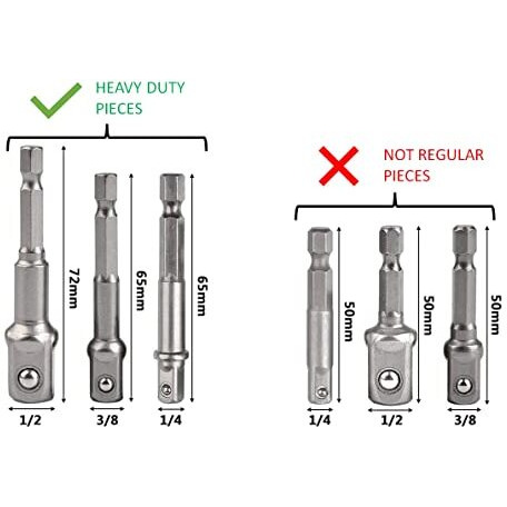 Athglobal Chrome Vanadium Steel Heavy Duty 3 Piece Set 1/4" 3/8" 1/2" Hex Shank Wrench Socket To Power Drill Adapter Bits Nut Driver Extension Bar Square Head For Automotive And Home Repair Tool Kits
