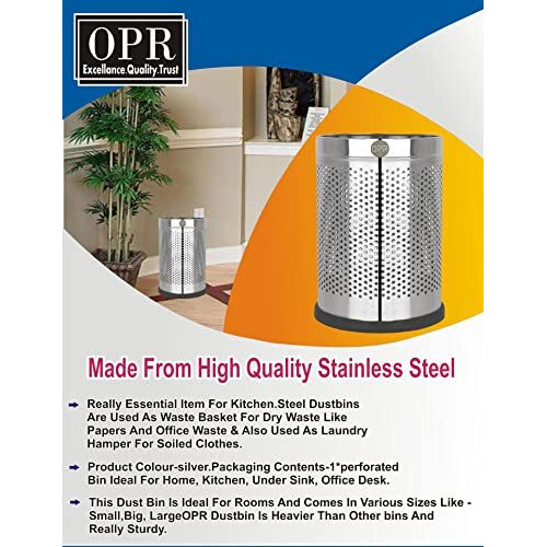 Opr Stainless Steel Open Perforated Dustbin| 18 Litres Steel Dustbin For Home, Bedroom, Rooms, Office, Kitchen, Bathroom- (10 X 14-18 Liters)