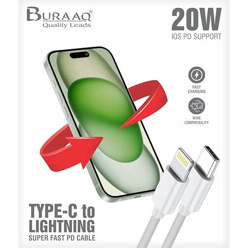 Buraaq Lightning Cable Iphone| Iphone Cable| Type C To Lightning Cable| Usb C To Lightning Cable| Iphone Charger Wire| Compatible With Iphone, Ipad Air, Pro, Mini, Max, Macbook, Airpods, Imac | 1 M|