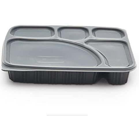 Adaamya Meal Tray With Lid Set Of 25 Microwave Safe 5 Compartment Plates For Dinner, Lunch,Unbreakable Made Of 100% Bpa Free Food Grade Virgin Plastic, Black