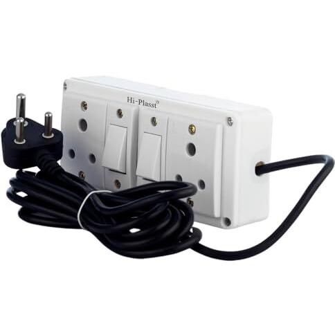 Hi-Plasst 2+2 Pin Extension Board With 2 Switches & 2 Sockets, 6A, 4-Yard Long Cord - Wall-Mountable Power Hub For Home, Office, Diwali Lights, Christmas Decor & Kitchen Appliances