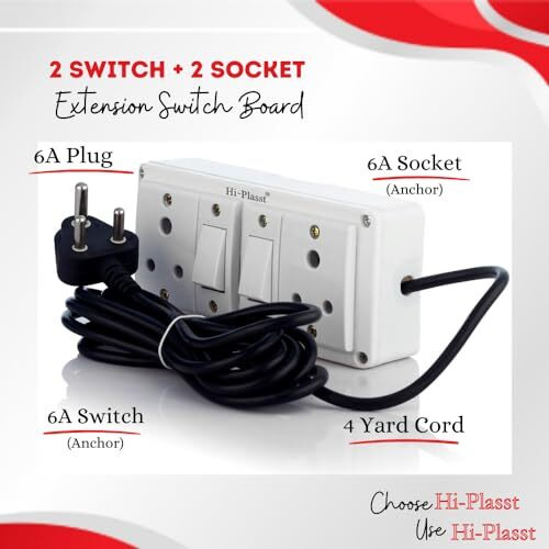 Hi-Plasst 2+2 Pin Extension Board With 2 Switches & 2 Sockets, 6A, 4-Yard Long Cord - Wall-Mountable Power Hub For Home, Office, Diwali Lights, Christmas Decor & Kitchen Appliances