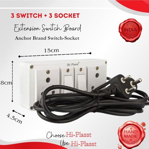 Hi-Plasst 2+2 Pin Extension Board With 2 Switches & 2 Sockets, 6A, 4-Yard Long Cord - Wall-Mountable Power Hub For Home, Office, Diwali Lights, Christmas Decor & Kitchen Appliances