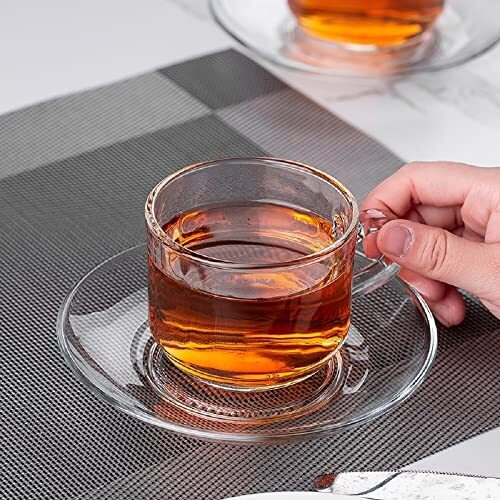 Syanka Premium Glass Tea Cup And Saucer Set Of 6, (6 Cups And 6 Saucers) - 210 Ml, Transparent, Cups And Saucer Set For Coffee, Tea, Green Tea, Herbal Tea, Lemon Tea