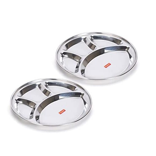 Sumeet Stainless Steel Round 4 In 1 Compartment Lunch/Dinner Plate Set Of 2Pcs, 32.5Cm Dia, Silver