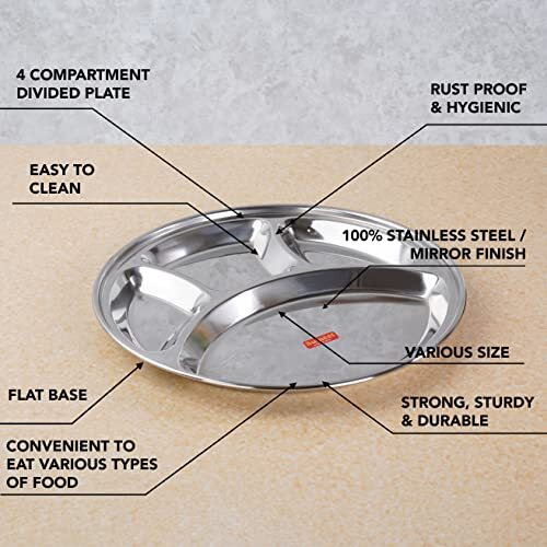 Sumeet Stainless Steel Round 4 In 1 Compartment Lunch/Dinner Plate Set Of 2Pcs, 32.5Cm Dia, Silver