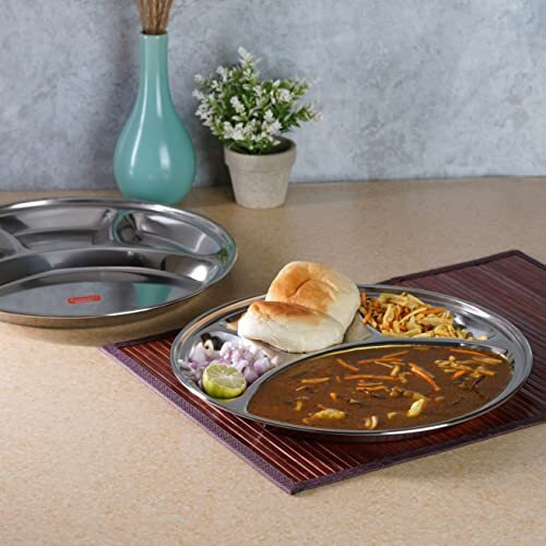 Sumeet Stainless Steel Round 4 In 1 Compartment Lunch/Dinner Plate Set Of 2Pcs, 32.5Cm Dia, Silver