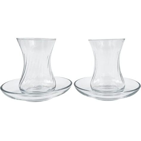 Turkceramics By Omkar International Turkish Tea Glass With Saucer (Glass Height 9.5 Cm X Glass Width 7.5 Cm, Thickness 2 Mm/Saucer Dia 10 Cm X Height 2.3 Cm, Thickness 2Mm.), 100 Ml, Clear