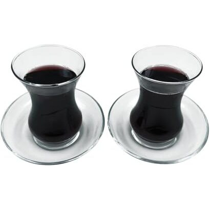Turkceramics By Omkar International Turkish Tea Glass With Saucer (Glass Height 9.5 Cm X Glass Width 7.5 Cm, Thickness 2 Mm/Saucer Dia 10 Cm X Height 2.3 Cm, Thickness 2Mm.), 100 Ml, Clear