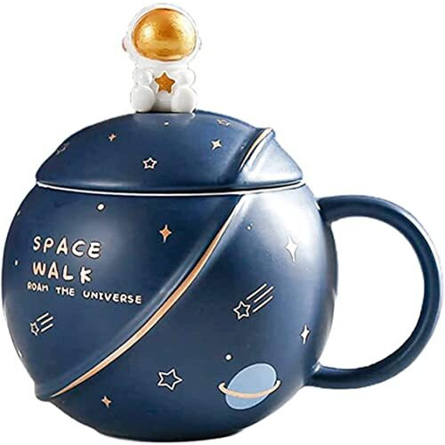 Parssufy Coffee Mug Gift Items 3D Creative Astronaut Universe Planet Coffee Mug With Lid Spoon Ceramic Coffee Mugs For Birthday Anniversary Gift (Blue), 450 Ml