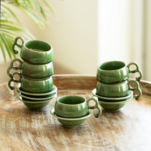 Exclusivelane 'Jade Forest' Ceramic Cups And Saucers Set Of 6 (120 Ml, Jade Green, Dishwasher & Microwave Safe) | Ceramic Tea Cups Set Of 6 Coffee Cups Set Tea Mugs Set Of 6 Chai Cups Ceramic Cup Set