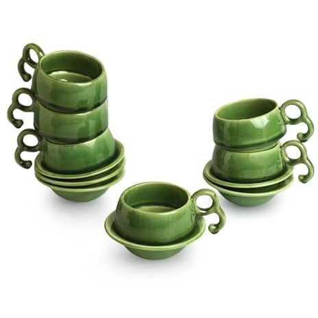 Exclusivelane 'Jade Forest' Ceramic Cups And Saucers Set Of 6 (120 Ml, Jade Green, Dishwasher & Microwave Safe) | Ceramic Tea Cups Set Of 6 Coffee Cups Set Tea Mugs Set Of 6 Chai Cups Ceramic Cup Set