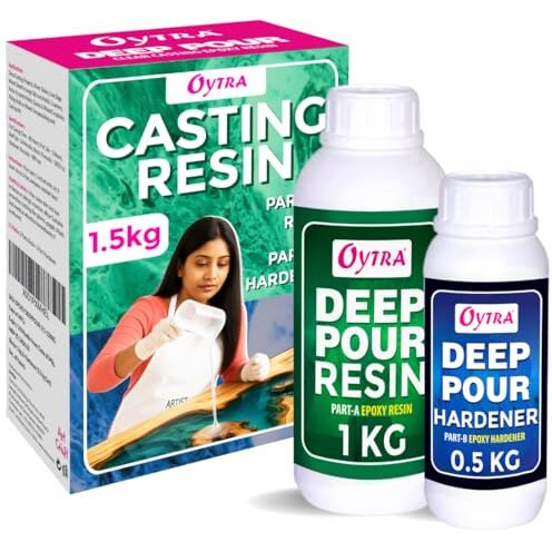 Oytra Casting Resin Hardener Liquid 1.5 Kgs 21 Ratio Deep Pour Epoxy For Tabletop Art Materials Crystal Clear High Gloss Craft Perfect For Table Making Preservation And Large Diy Cast Art Projects