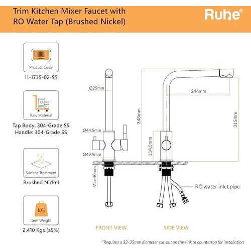 Ruhe Trim Kitchen Sink Mixer Tap With Ro Water Supply | Hot & Cold Dual Water| Countertop Tap| 304-Grade Stainless Steel Kitchen Faucet - Silver | Table Mounted Faucet For Kitchen Sink