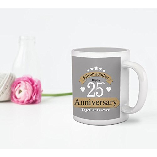 Tied Ribbons Ceramic Jubilee 25Th Wedding Anniversary Gift Printed Coffee Mug Set With Rose, 325 Ml, 2 Pieces, Multicolor