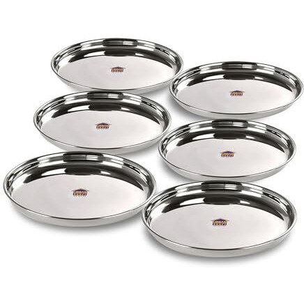 Urban Kraft Stainless Steel Plate/Heavy Guage Steel Dinner Plates Set Of 6 / High Grade Steel Plates For Lunch/Dinner With Mirror Finish, Bpa Free - Steel Thali Set (Pack Of 6, 27.5 Cm)