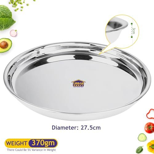 Urban Kraft Stainless Steel Plate/Heavy Guage Steel Dinner Plates Set Of 6 / High Grade Steel Plates For Lunch/Dinner With Mirror Finish, Bpa Free - Steel Thali Set (Pack Of 6, 27.5 Cm)