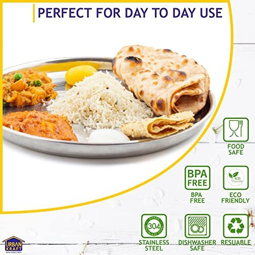 Urban Kraft Stainless Steel Plate/Heavy Guage Steel Dinner Plates Set Of 6 / High Grade Steel Plates For Lunch/Dinner With Mirror Finish, Bpa Free - Steel Thali Set (Pack Of 6, 27.5 Cm)