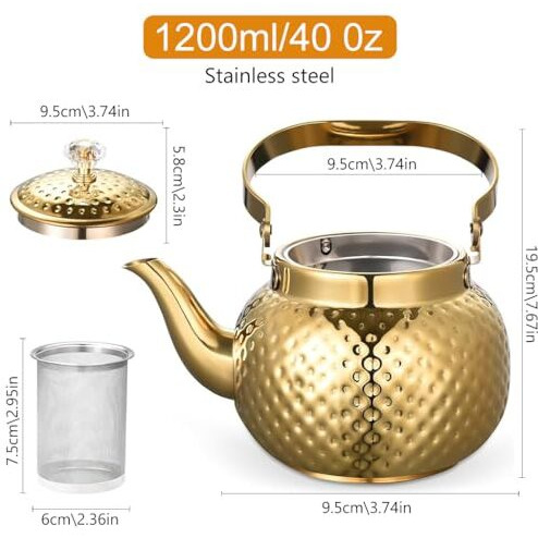 Supvox 1.2L Stainless Steel Teapot Pot Kettle, Luxury Golden Water Kettle With Infuser, Universal Water Kettlefor Coffee And Tea Enthusiasts, Tea Kettle For Gas Stove And Induction (Golden)