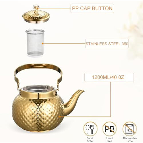Supvox 1.2L Stainless Steel Teapot Pot Kettle, Luxury Golden Water Kettle With Infuser, Universal Water Kettlefor Coffee And Tea Enthusiasts, Tea Kettle For Gas Stove And Induction (Golden)