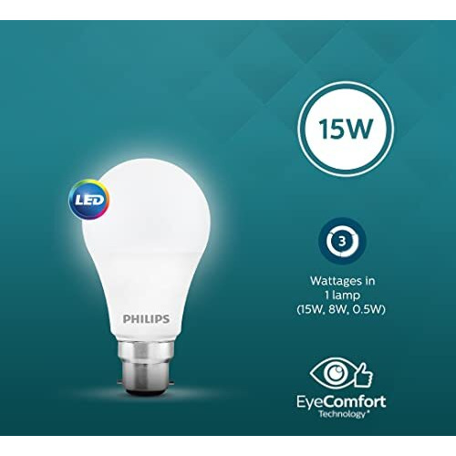 Philips Multi -Wattage Led Bulb|3 Wattages In 1 Led Bulb|15W, 8W, 0.5W 3 Way Scene Switch Led Bulb For Home & Decoration|Color Crystal White, Pack Of 1, B22D