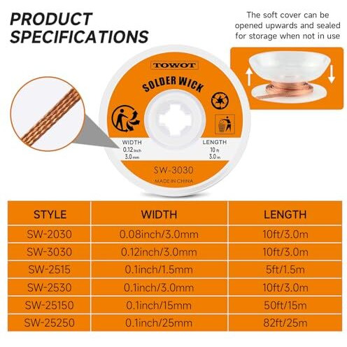 Towot Solder Wick Braid With Flux No-Clean Electronic, Desoldering Wick Braid Remover.Desolder Soldering 2.5Mm W 0.10'' L 5'