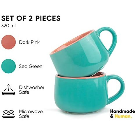 Shay Ceramic Medium Cup Set Of 2, Sea Green & Pink, 320Ml (12 Oz) For Coffee & Tea | Glossy Finish Premium Stoneware
